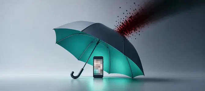 Smartphone with a blurred intimate image protected under an umbrella from an online threat
