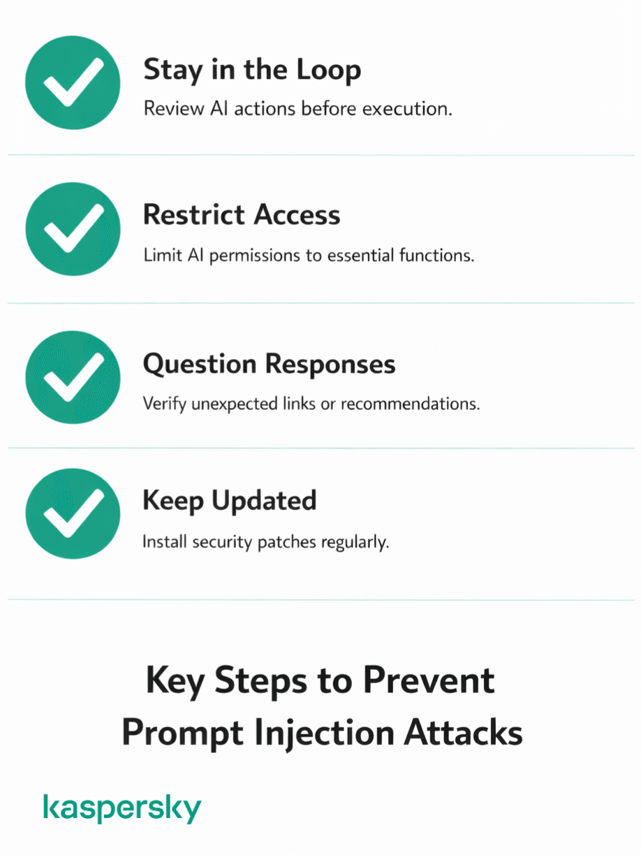 Checklist of key steps to prevent prompt injection attacks, including limiting AI access and reviewing actions.