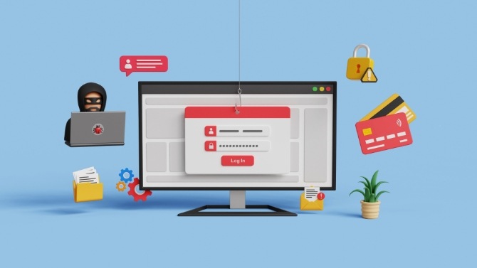 Image of a computer screen displaying a fake login page and a scammer behind it