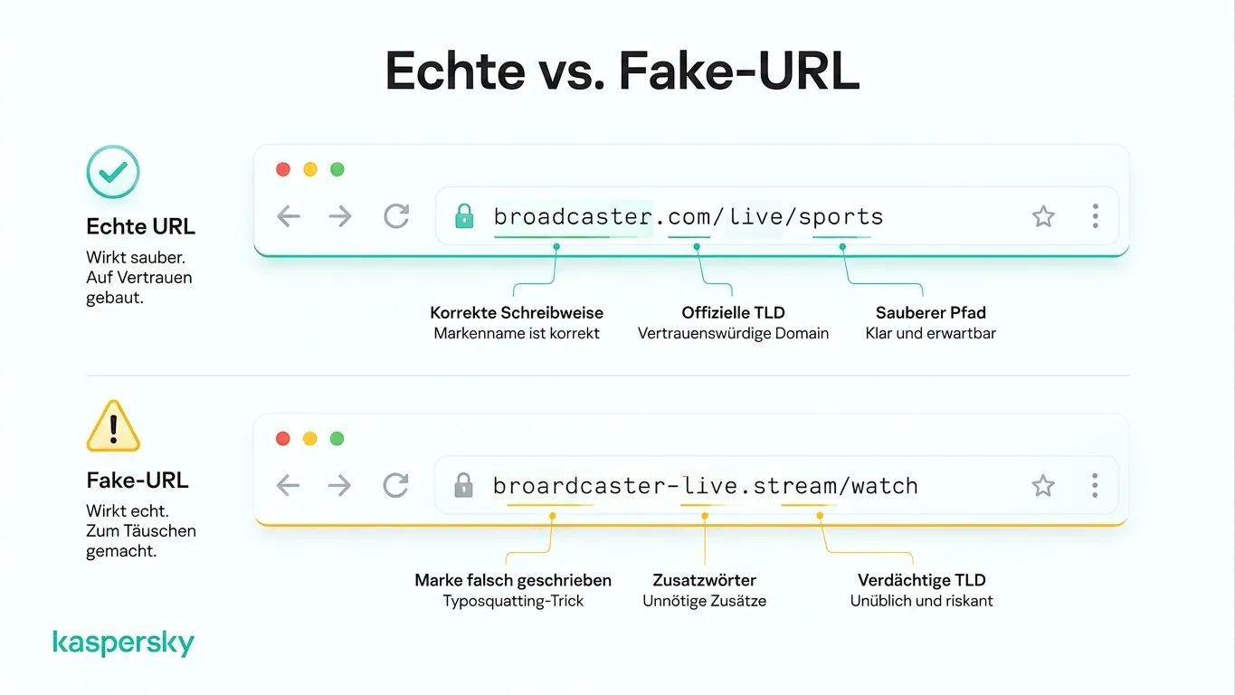 Vergleich einer legitimen und einer gefälschten Streaming‑URL für die Weltmeisterschaft.