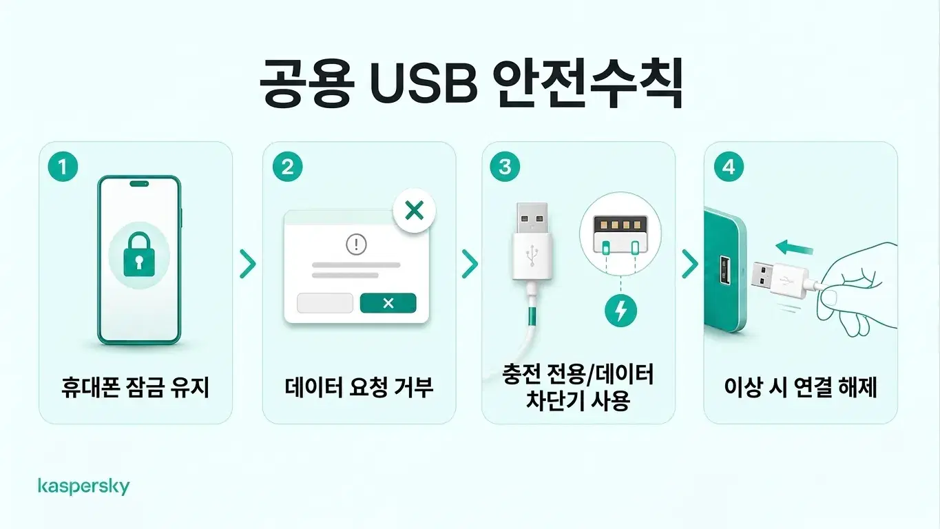 공용 USB 충전 안전 수칙 네 가지: 휴대폰을 잠그고, 데이터 요청을 거부하며, 데이터 차단기를 사용하고, 의심스러우면 연결을 끊으세요