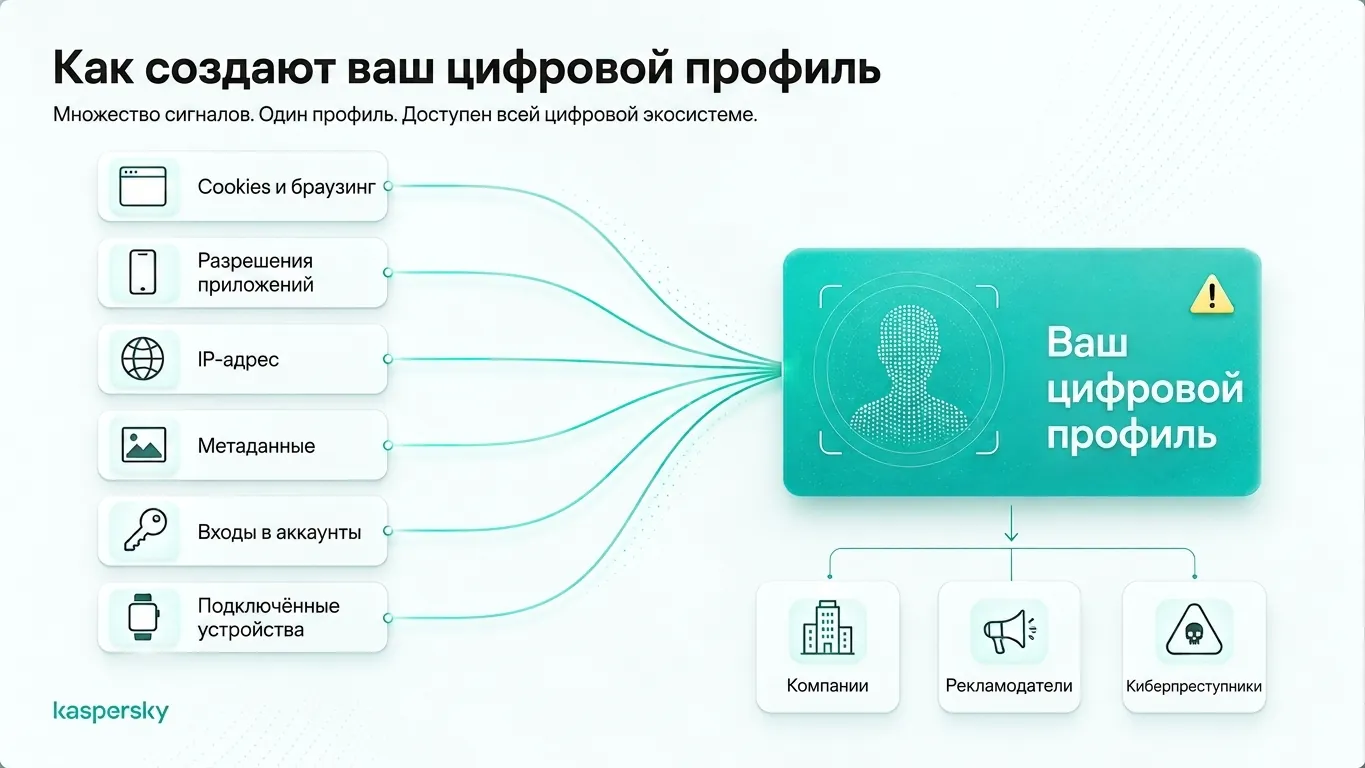 Digital profile built from browsing data, app permissions, IP addresses, metadata, and connected devices
