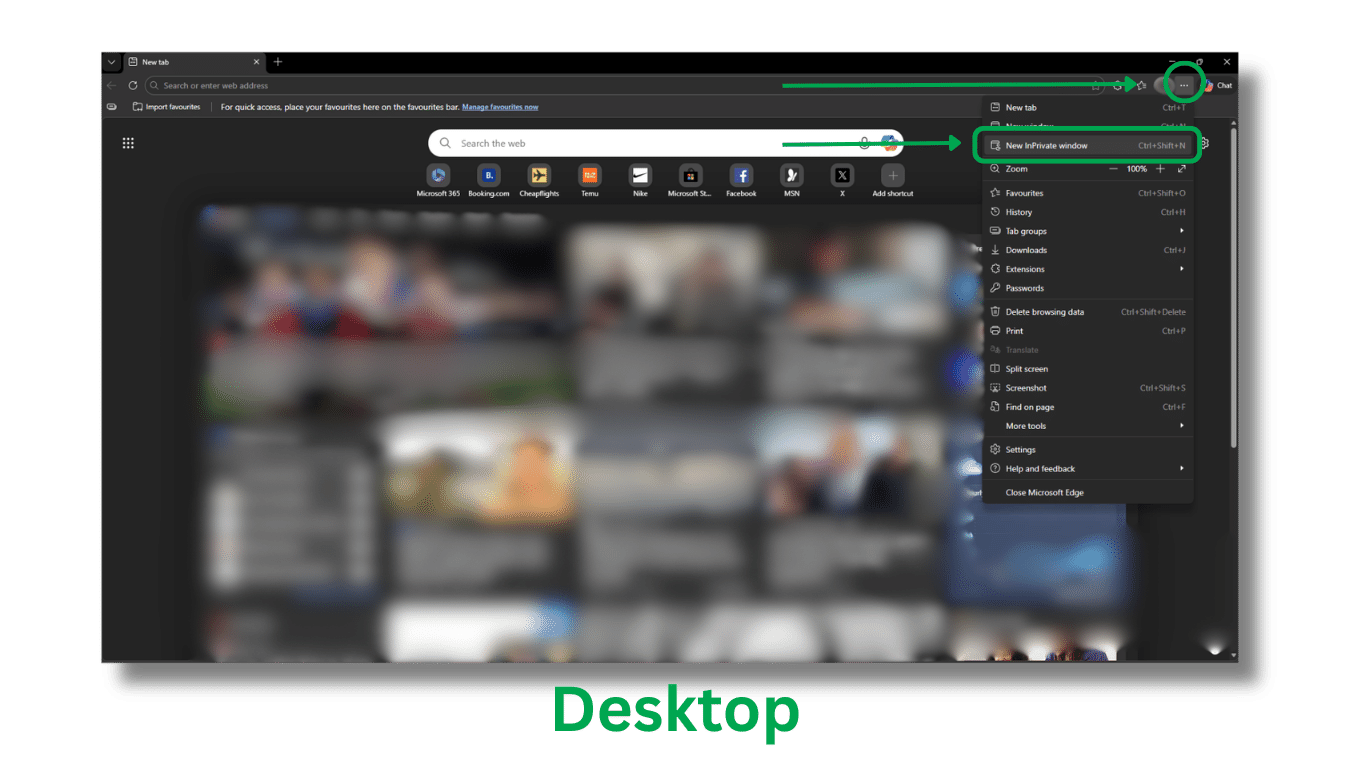 Microsoft Edge on desktop with the three-dot menu open and New InPrivate Window highlighted