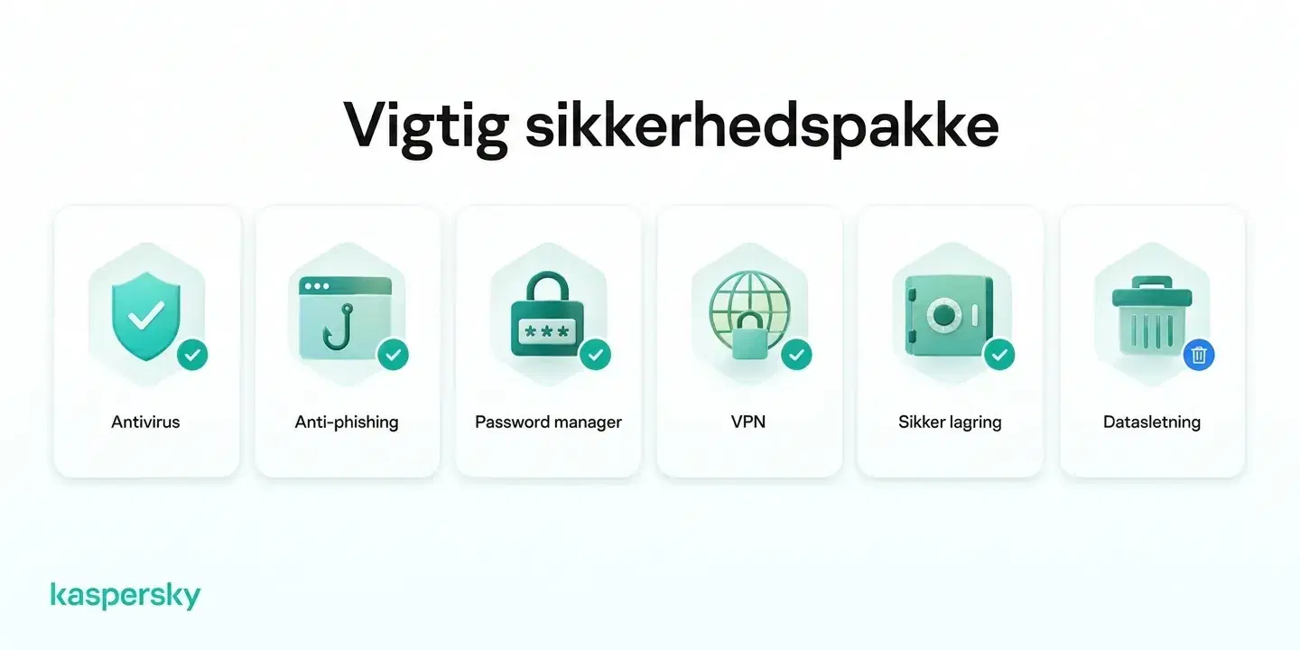 Værktøjer til beskyttelse mod identitetstyveri omfatter antivirus, anti-phishing-beskyttelse, adgangskodeadministrator, VPN, sikret lagring og fjernelse af data