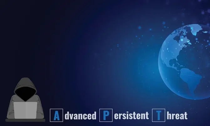 Hooded hacker figure using a laptop beside a digital globe with the text Advanced Persistent Threat (APT), representing long-term cyberattacks and global network security risks.