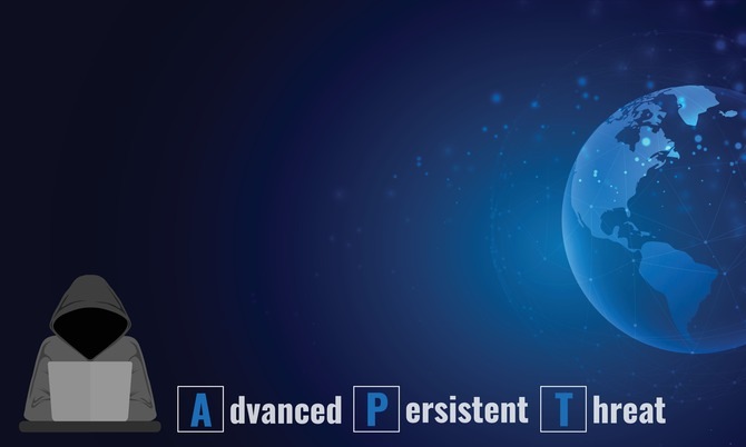 Hooded hacker figure using a laptop beside a digital globe with the text “Advanced Persistent Threat (APT),” representing long-term cyberattacks and global network security risks.