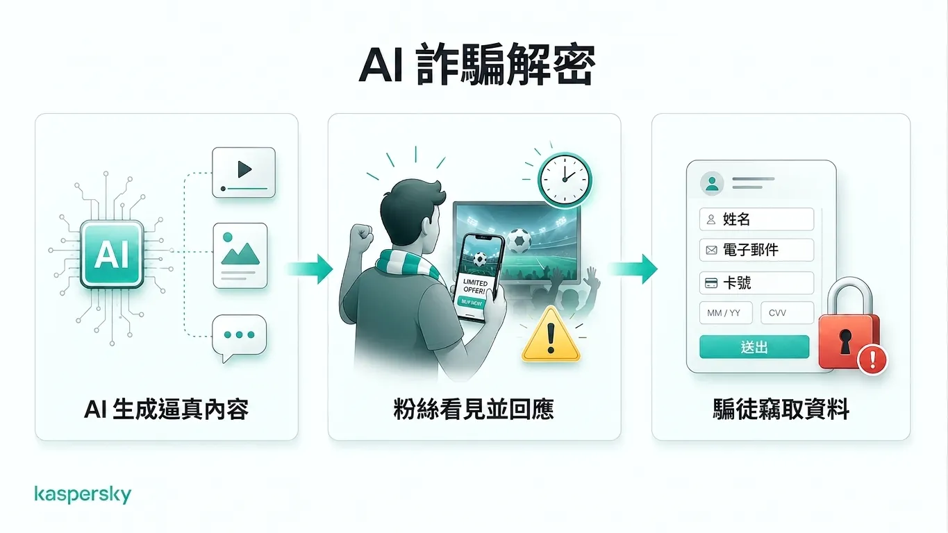 示意圖顯示由 AI 驅動的世界盃詐騙如何誘導球迷分享個資
