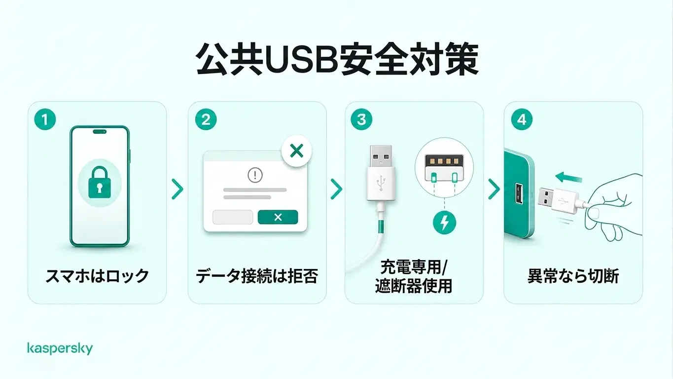 公共のUSB充電での安全対策４点：端末をロック、データ要求を拒否、データブロッカーを使用、異常時は切断
