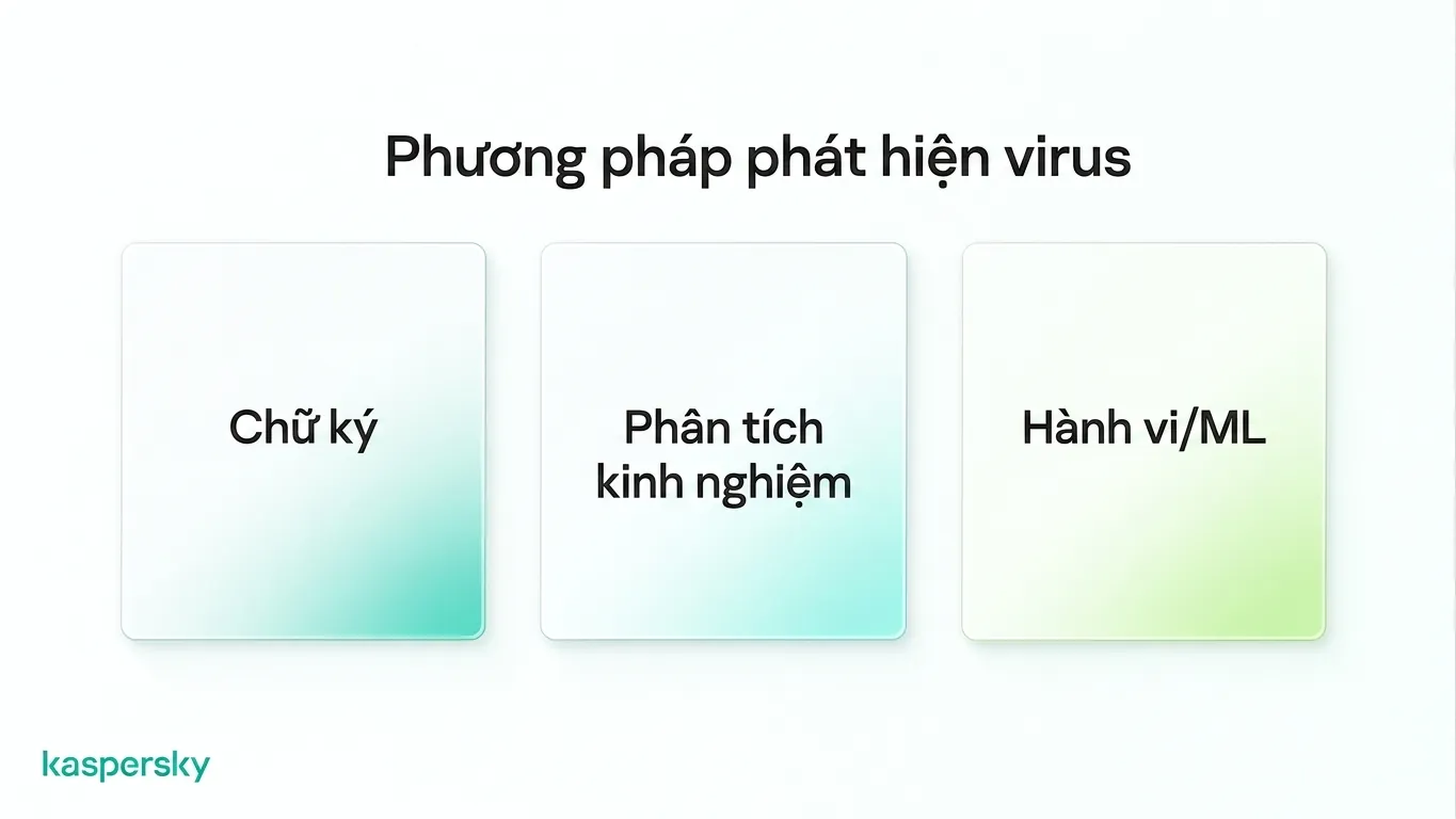 Các phương pháp phát hiện của phần mềm diệt virus hiện đại bao gồm chữ ký, heuristic, giám sát hành vi và kỹ thuật học máy