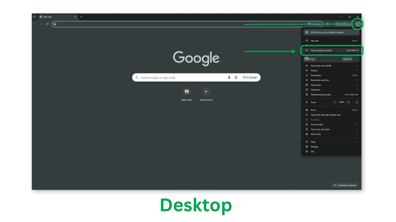 Google Chrome on desktop with the three-dot menu open and New Incognito Window highlighted.