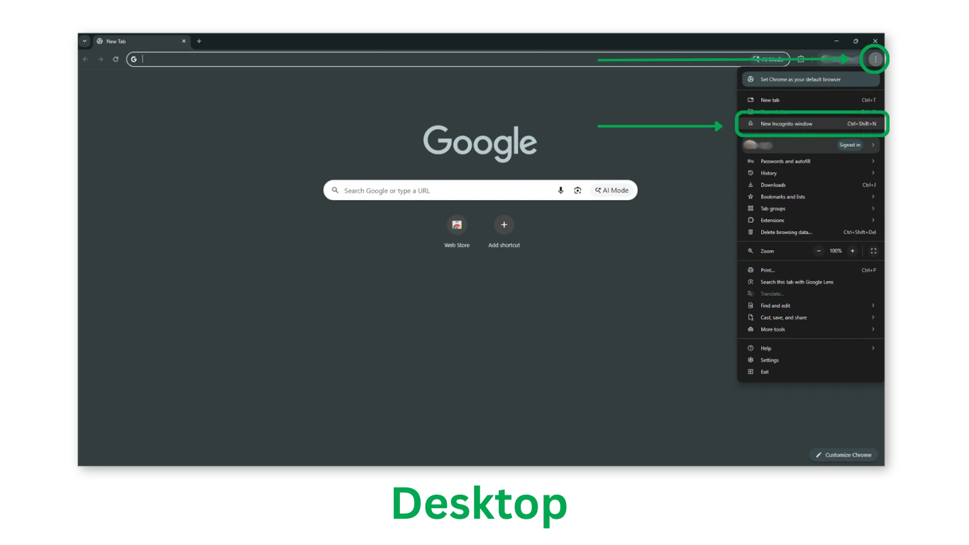 Google Chrome على الحاسوب المكتبي مع فتح قائمة النقاط الثلاث وتحديد خيار New Incognito Window.
