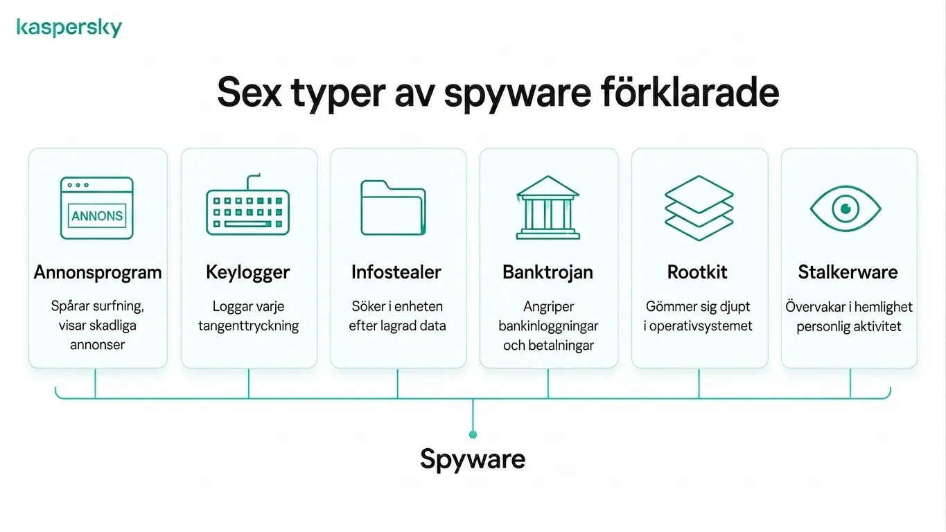 Infografik som visar sex vanliga typer av spionprogram, inklusive annonsprogram, keyloggers och rootkits