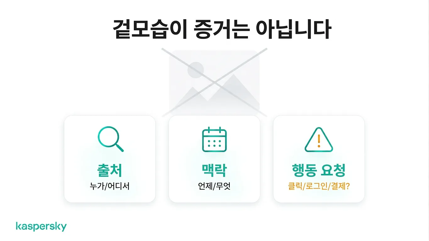 의심스러운 온라인 콘텐츠에 대한 세 가지 확인: 출처, 맥락, 요청된 행동을 검증하세요.