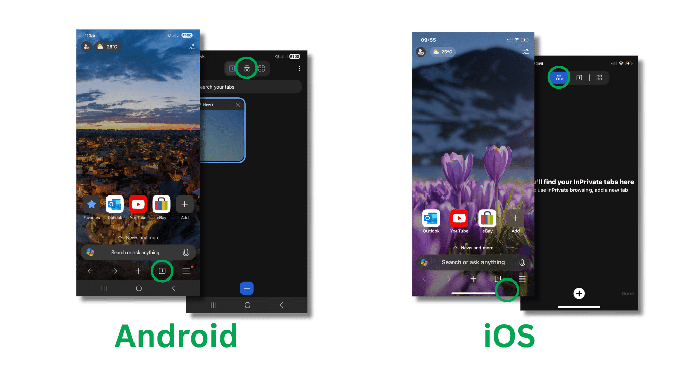 Microsoft Edge on Android and iOS with the InPrivate tab icon highlighted in the tab switcher