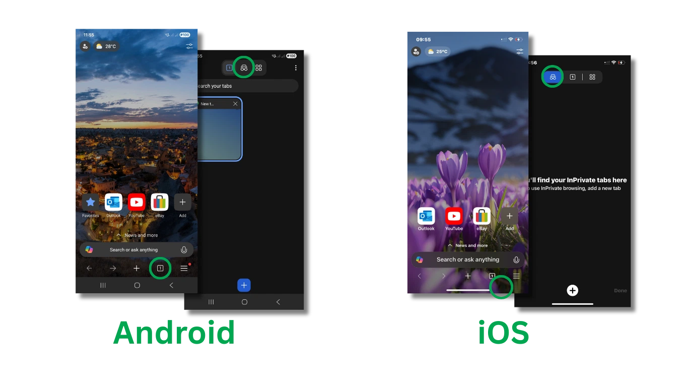 Microsoft Edge على Android وiOS مع تمييز أيقونة علامة تبويب InPrivate في مُبدّل علامات التبويب