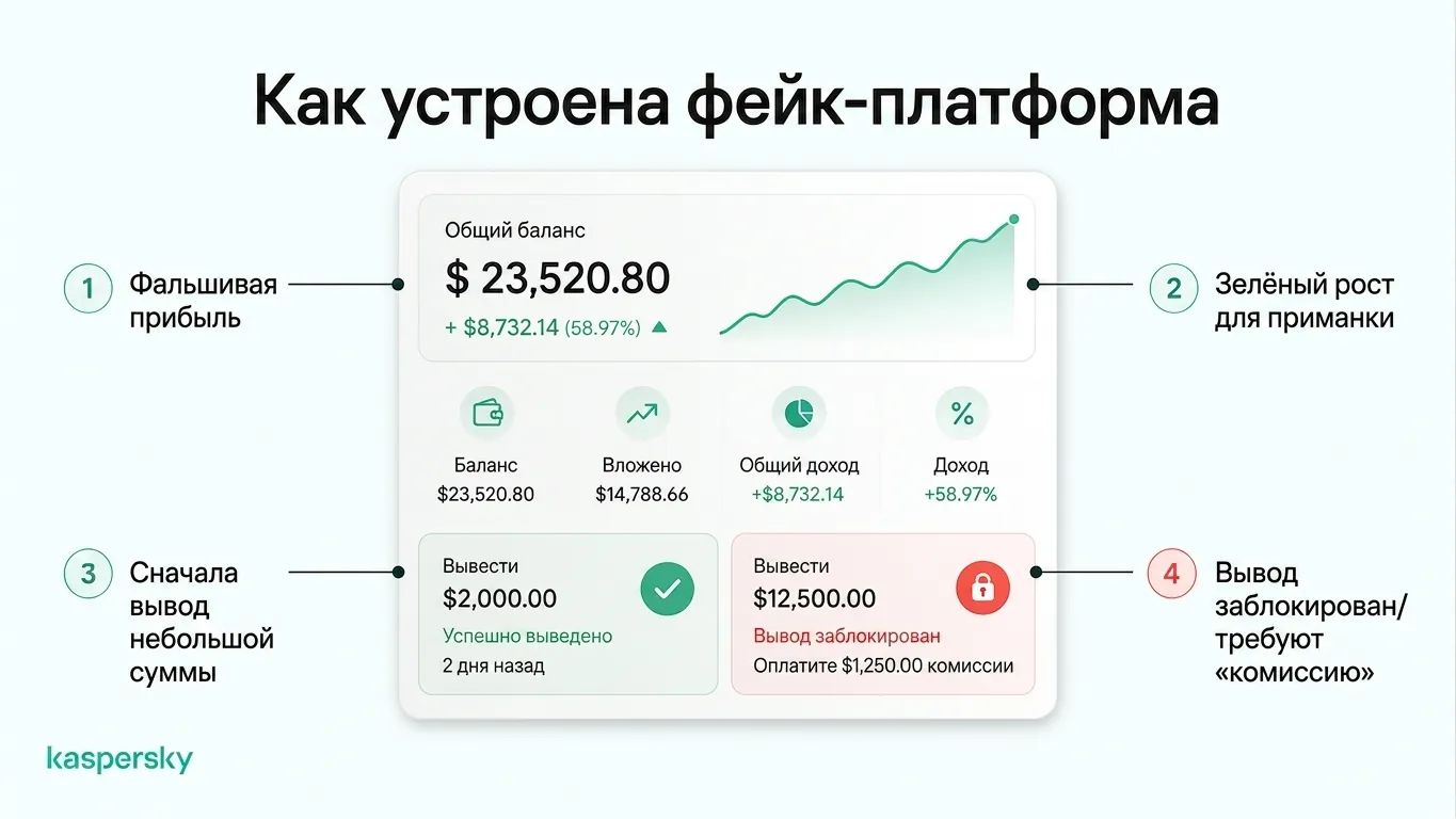 Поддельная инвестиционная платформа с фальшивыми прибылями: ранний маленький вывод разрешён, а крупный вывод блокируется сбором.