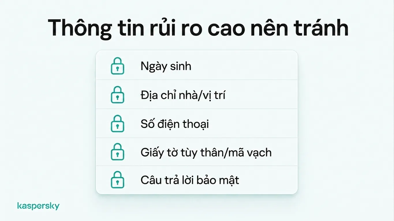 Năm loại thông tin có nguy cơ cao cần tránh chia sẻ trực tuyến: ngày sinh, vị trí, số điện thoại, giấy tờ tùy thân, và câu trả lời cho câu hỏi bảo mật