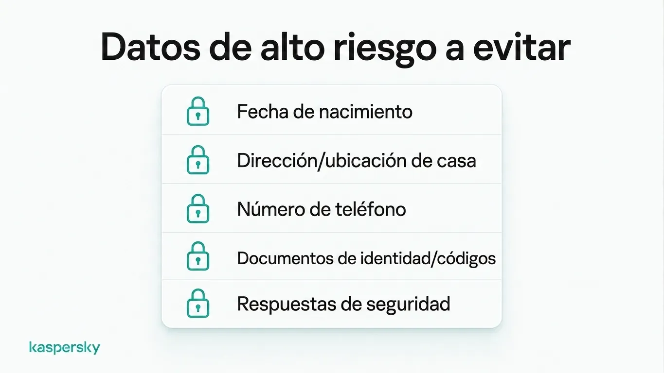 Cinco datos de alto riesgo que conviene evitar publicar en línea: fecha de nacimiento, ubicación, número de teléfono, documentos de identidad y respuestas de seguridad