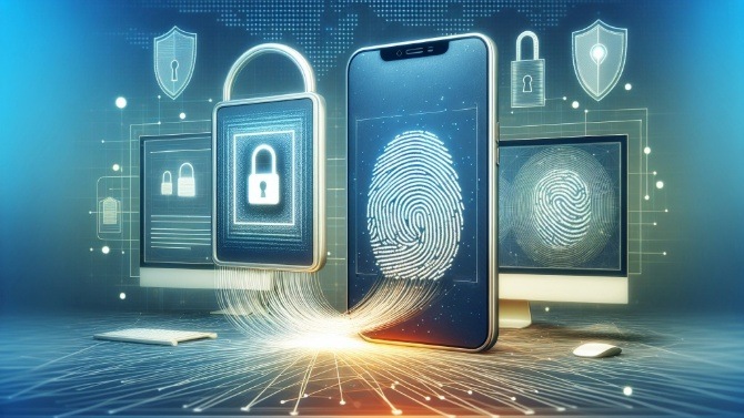 Icons depicting passwordless login with biometric security and fingerprint scanning