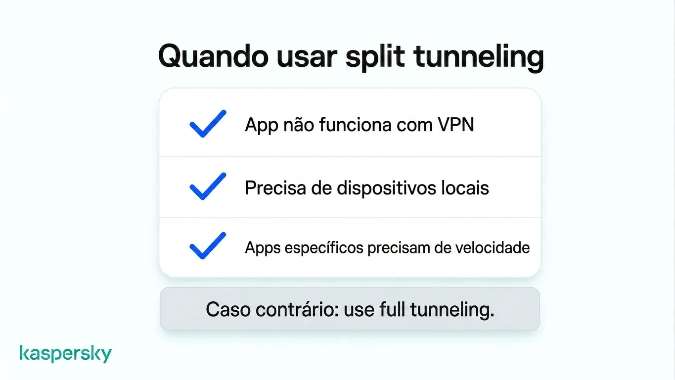 Quando usar o tunelamento dividido por VPN em vez do tunelamento completo