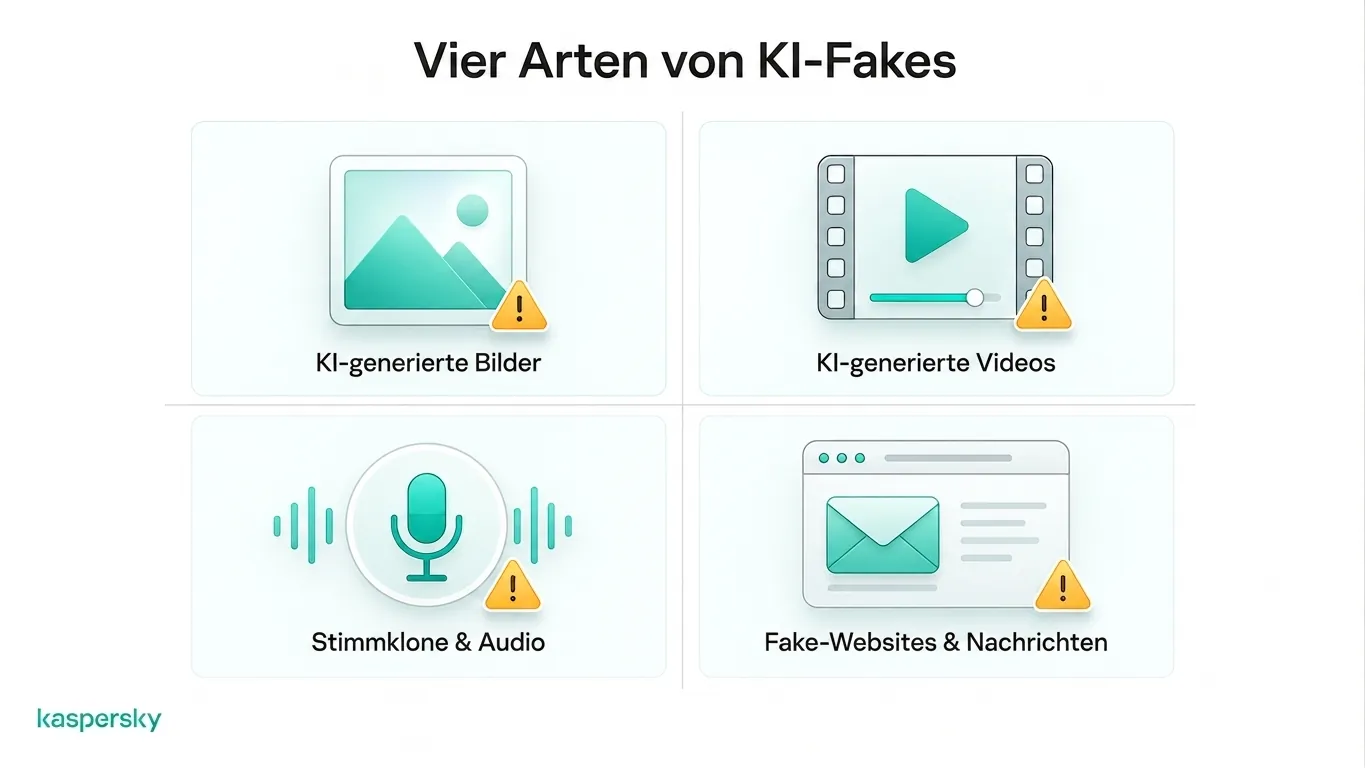 Vier verbreitete AI‑Fälschungen: Bilder, Videos, Stimmenklon und gefälschte Webseiten