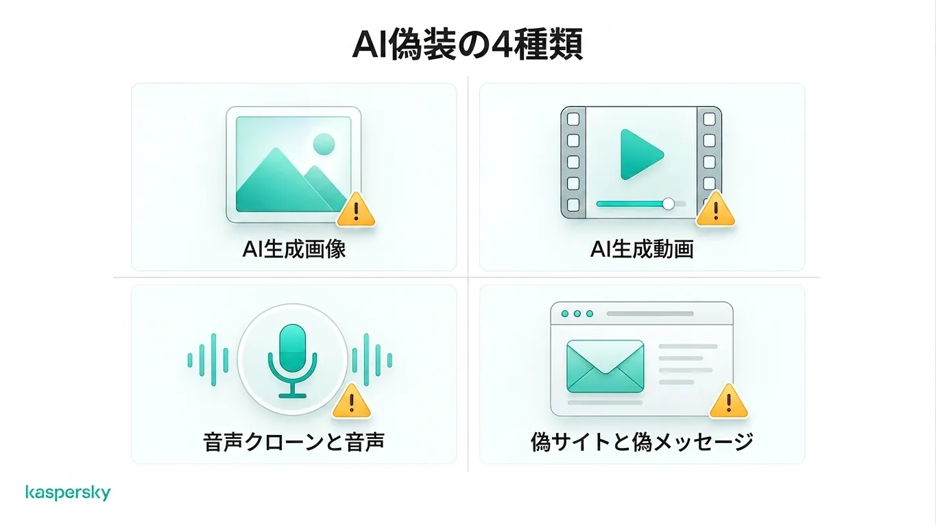 四つの一般的なAI偽装:画像、動画、音声クローン、偽サイト