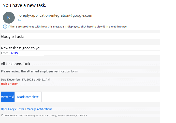 An email sent by the attackers via Google Tasks