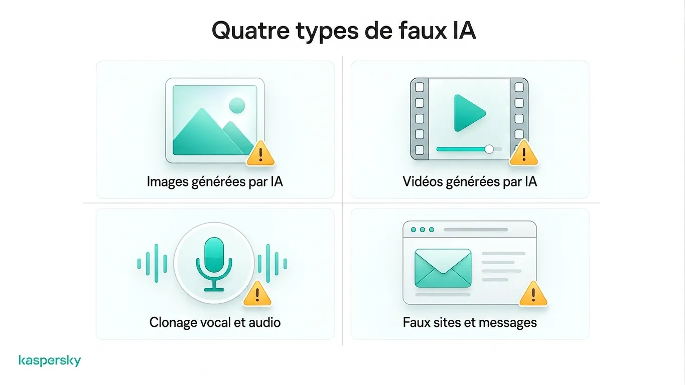 Quatre faux courants générés par AI : images, vidéos, clonage vocal et faux sites