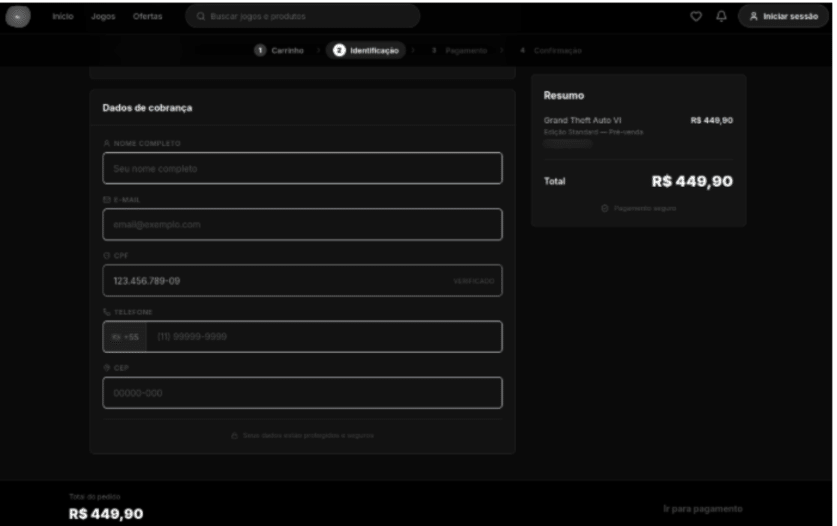 Formulário de dados de cobrança no site fraudulento do GTA 6