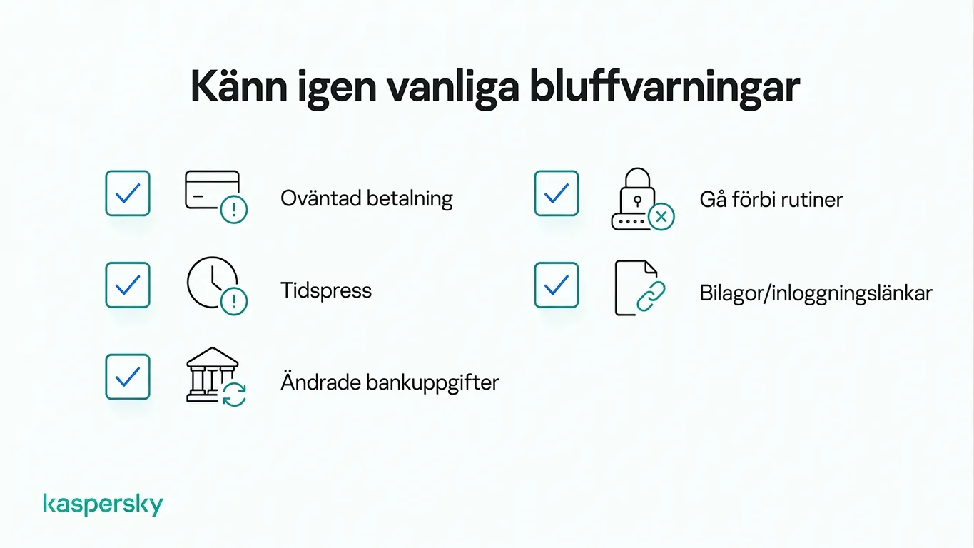 Vanliga varningssignaler för företagsbedrägerier, inklusive brådskande betalningsbegäranden och misstänkta länkar