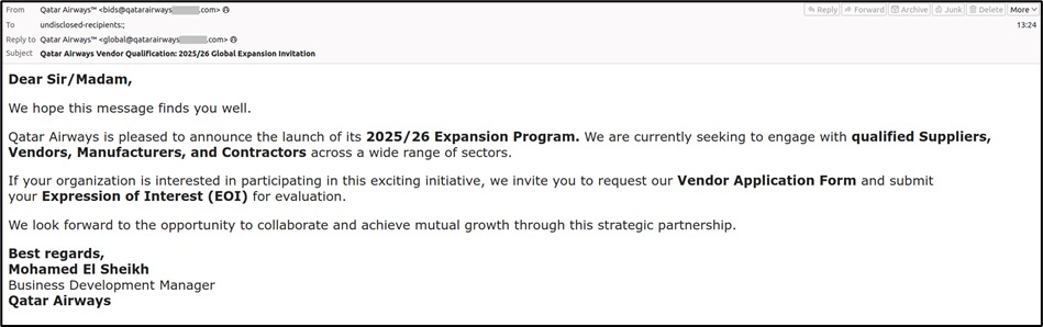 Example of a scam email sent by the attackers