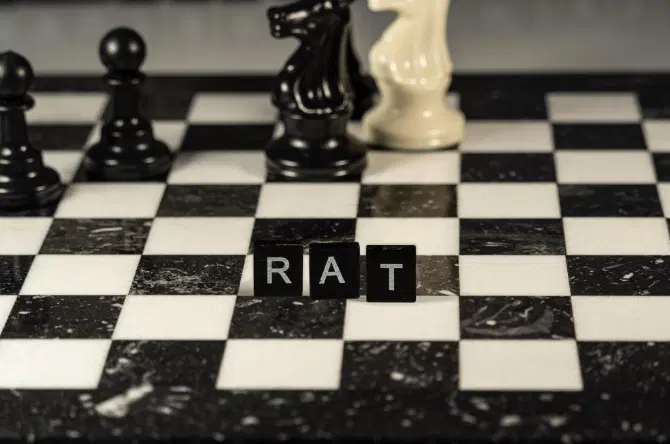 Acronym RAT for Remote Access Trojan concept represented by black and white letter tiles on a marble chessboard with chess pieces
