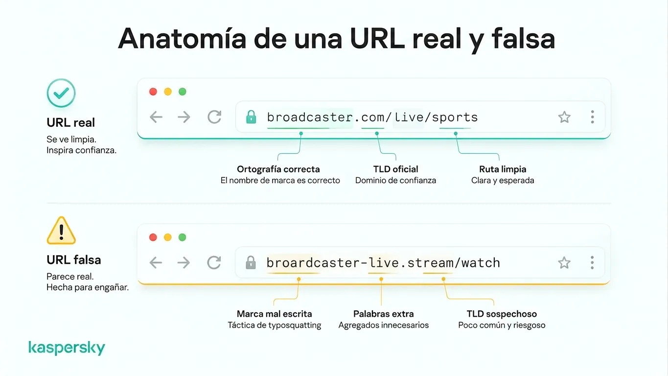 Comparación entre una URL legítima y una falsa para ver la Copa del Mundo en streaming.