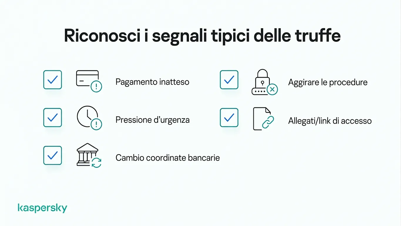 Segnali comuni di truffe aziendali, incluse richieste di pagamento urgenti e link sospetti