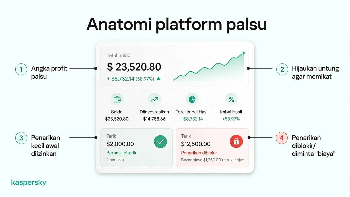 Platform investasi palsu memperlihatkan keuntungan yang dibuat-buat, penarikan awal kecil yang diizinkan, dan kemudian penarikan lebih besar yang diblokir oleh biaya