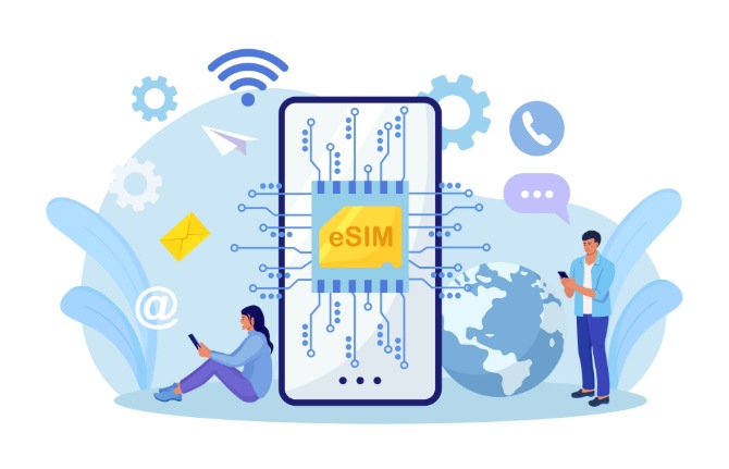 Digital graphic showing two figures exploring the components of an oversized microcircuit which includes an integrated eSIM.