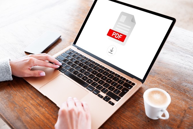 A woman downloads an attachment infected with a PDF virus onto a laptop computer