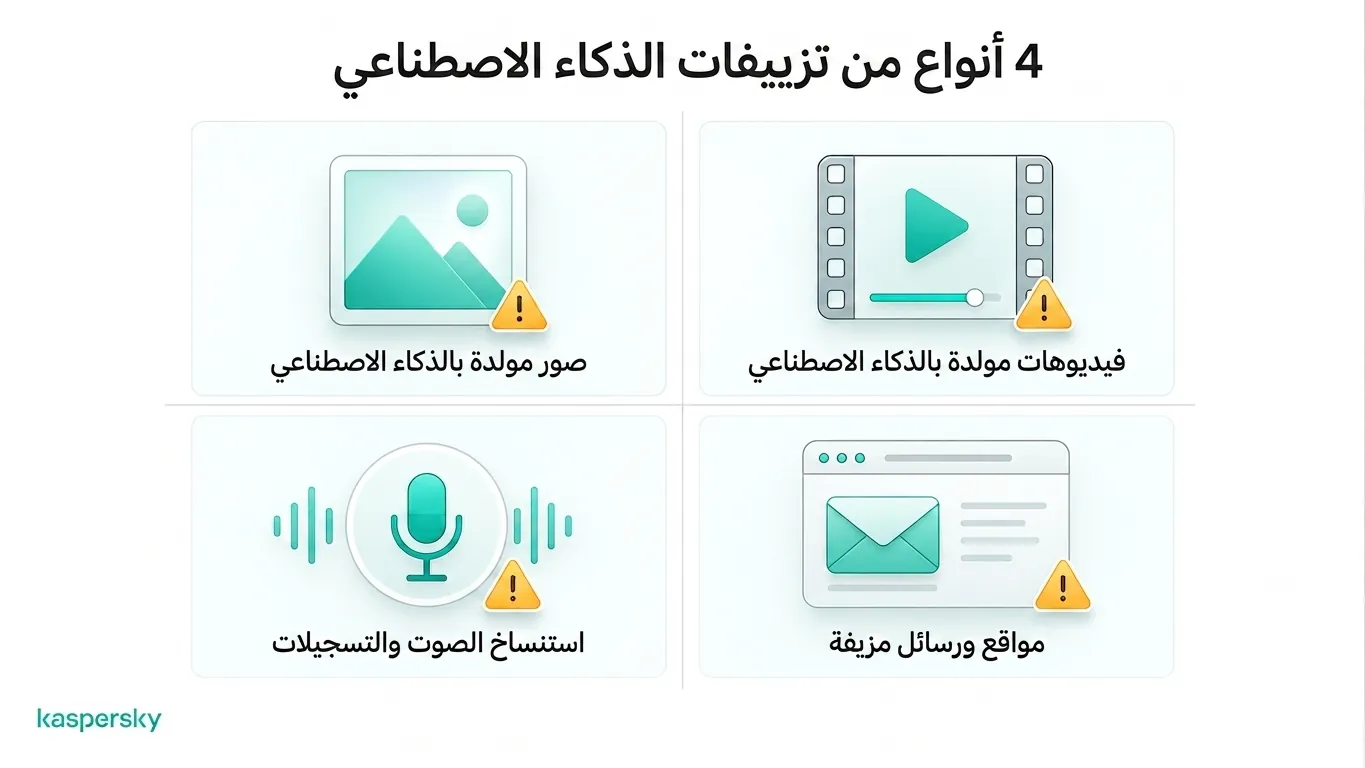 أربع حالات شائعة للتزييف المدعوم بالذكاء الاصطناعي: صور، فيديوهات، استنساخ صوتي، ومواقع مزيفة