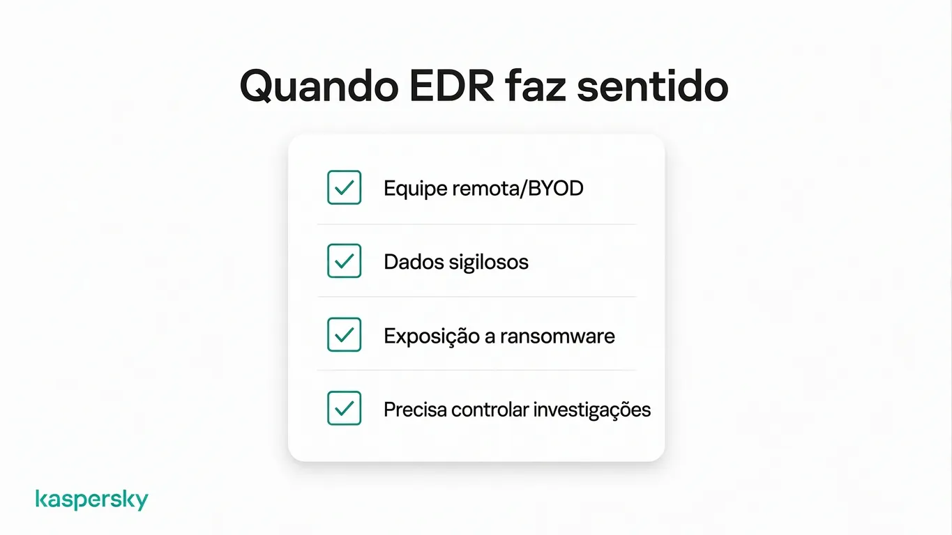 Quando EDR faz sentido para pequenas empresas, incluindo trabalho remoto, dados sensíveis e exposição a ransomware