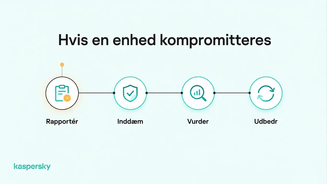 Fire trin til respons ved kompromitteret medarbejderenhed: indberet, inddæm, vurder og udbedr.