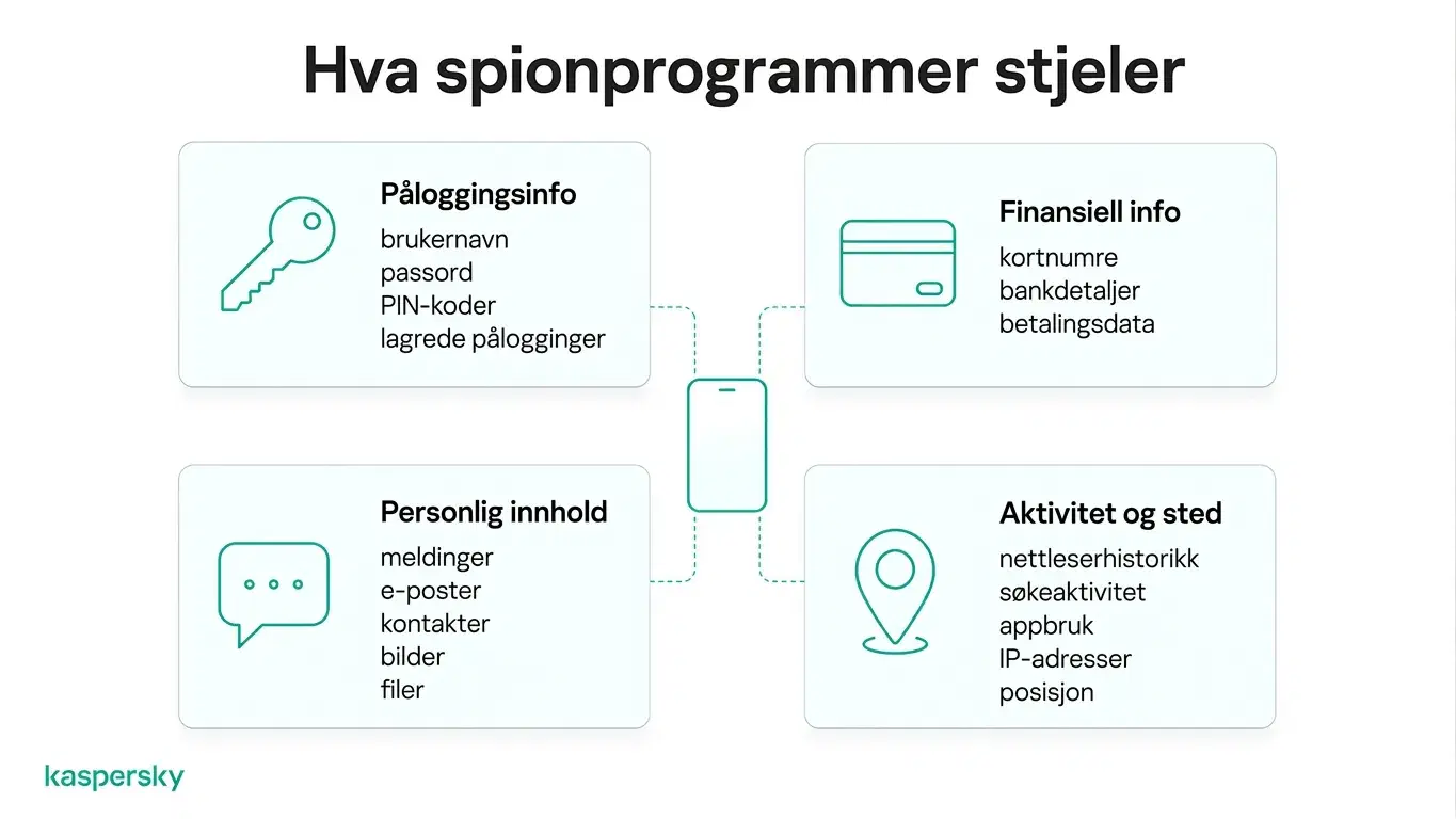 Diagram som viser hvilke typer informasjon spionprogramvare kan stjele, inkludert passord, økonomiske data, meldinger og stedsdetaljer