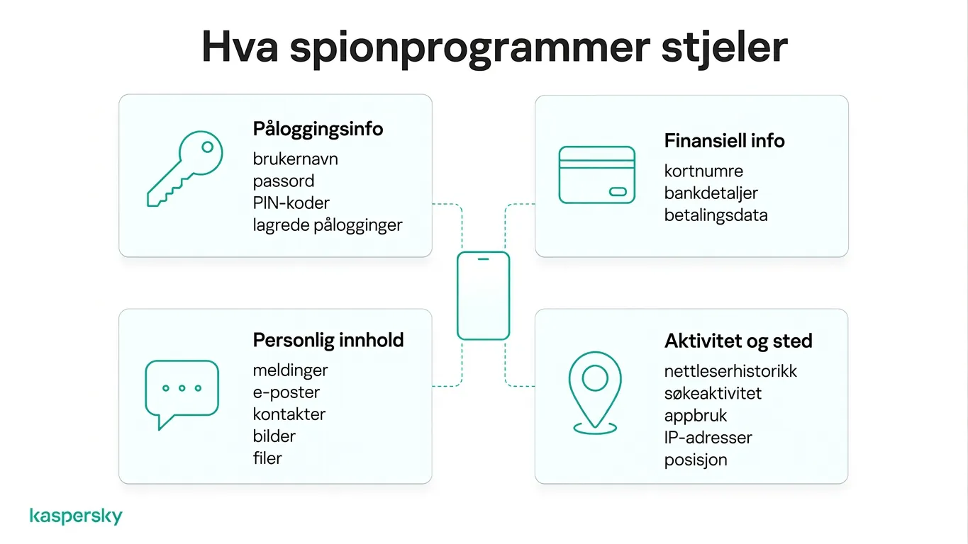 Diagram som viser hvilke typer informasjon spionprogramvare kan stjele, inkludert passord, økonomiske data, meldinger og stedsdetaljer