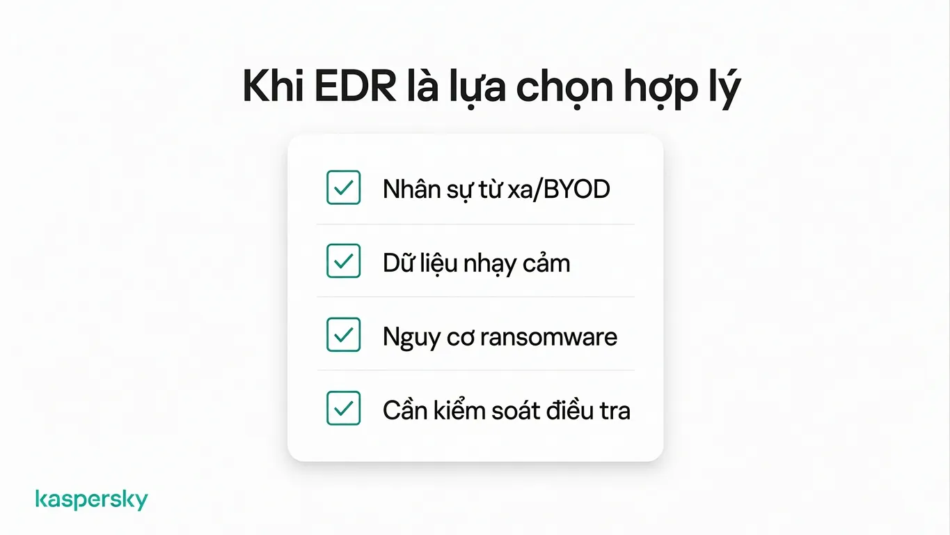 Khi nào EDR có ý nghĩa với doanh nghiệp nhỏ, bao gồm làm việc từ xa, dữ liệu nhạy cảm và rủi ro tống tiền