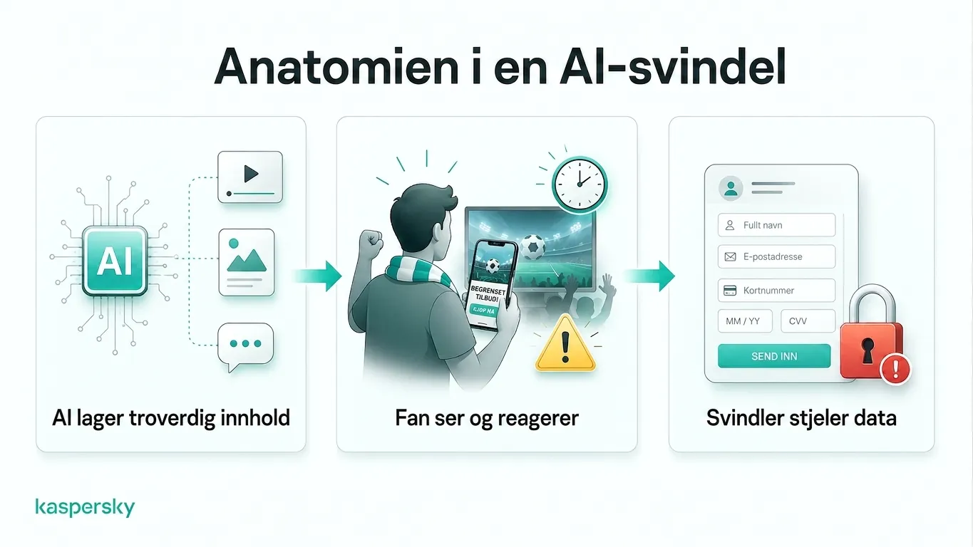 Diagram som viser hvordan AI‑drevne VM‑svindel triller fans til å dele personopplysninger