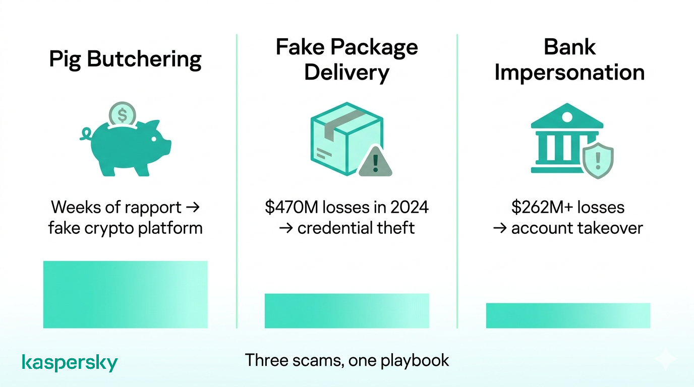 Common text scams: pig butchering, fake delivery messages, and bank impersonation with financial risks