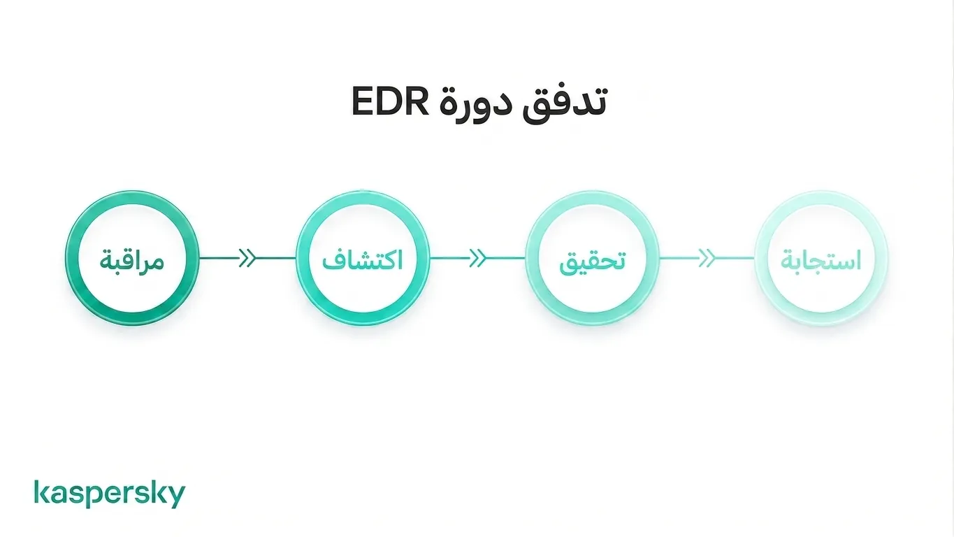 دورة حياة EDR تظهر عملية المراقبة والكشف والتحقيق والاستجابة