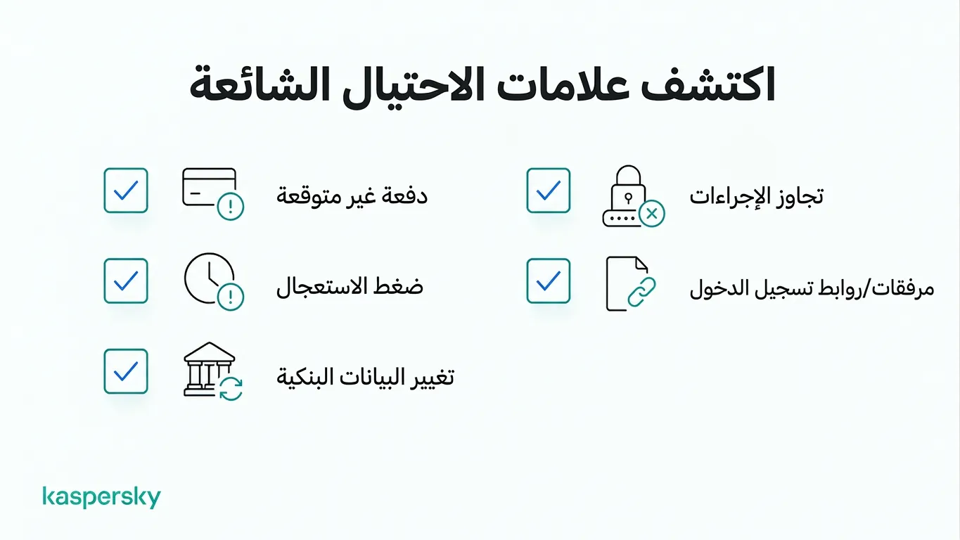 علامات تحذير شائعة للاحتيالات التجارية، تشمل طلبات دفع عاجلة وروابط مريبة