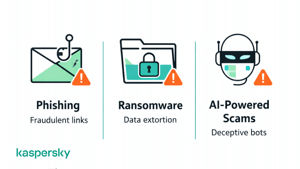 Illustration showing phishing, ransomware, and AI-powered scams as common cybersecurity threats, with icons for fraudulent links, data extortion, and deceptive bots.