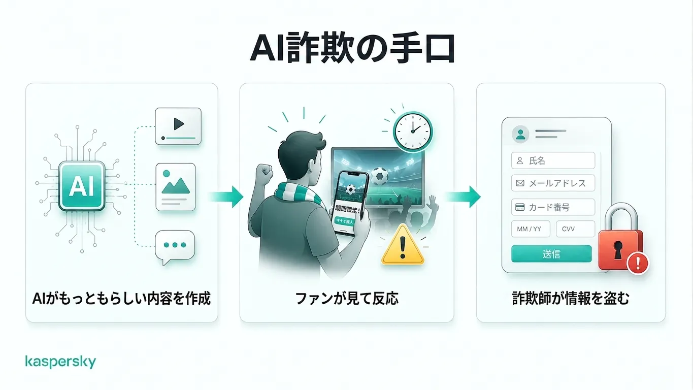 図:AIを悪用したワールドカップ詐欺がどのようにファンから個人情報を引き出すかを示す図