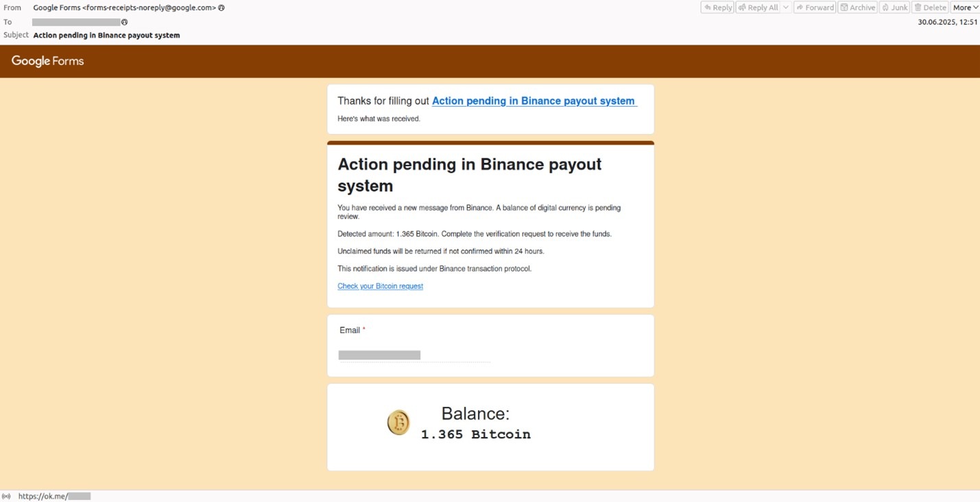 A scam email sent via Google Forms